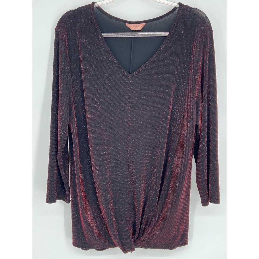 Amana Sparkle Knit Top V-Neck Long Sleeve Twist Front Red Blk Blouse 2X Holiday